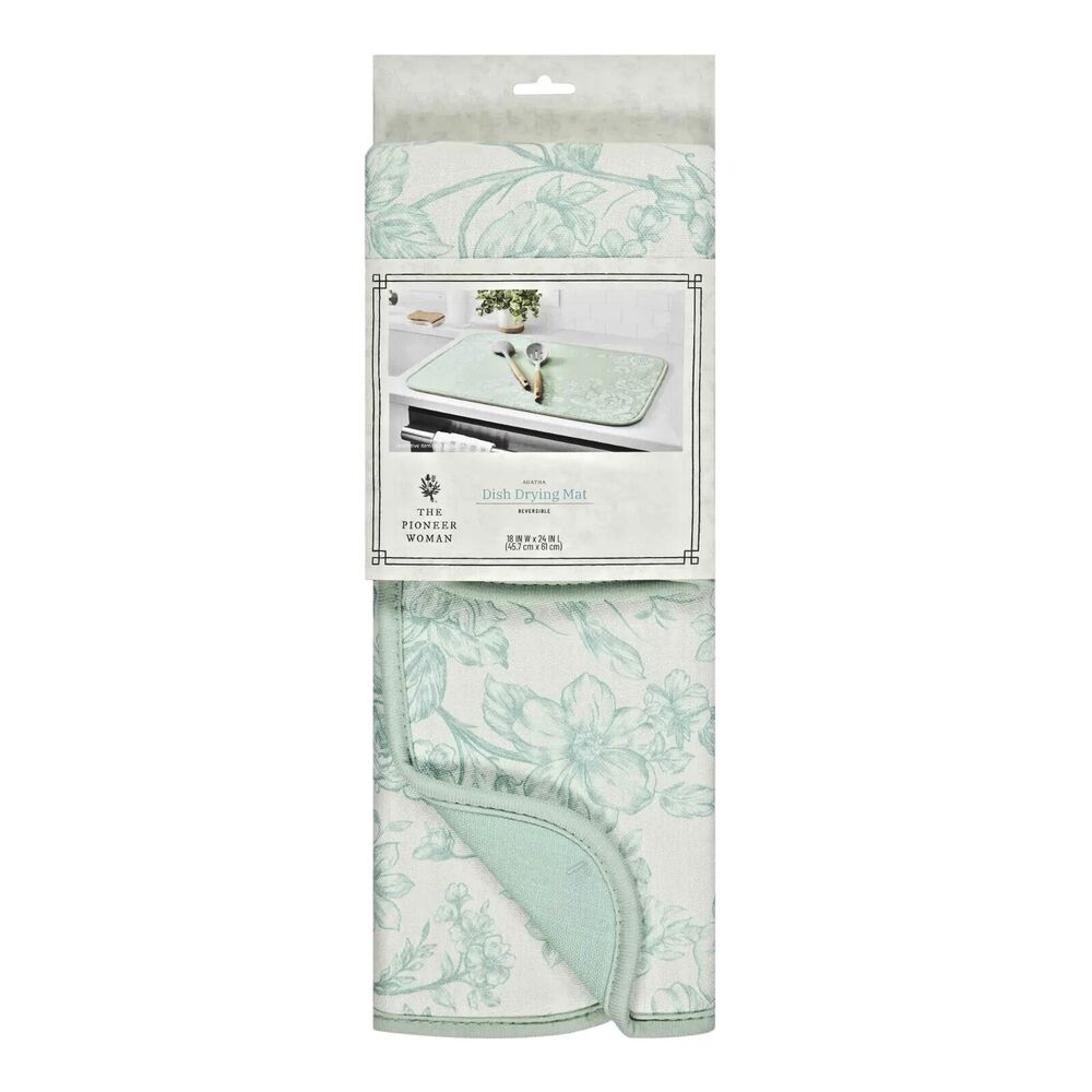 Pioneer Woman Agatha Dish Drying Mat 100% Polyester Green White 18 x 24-in Gift